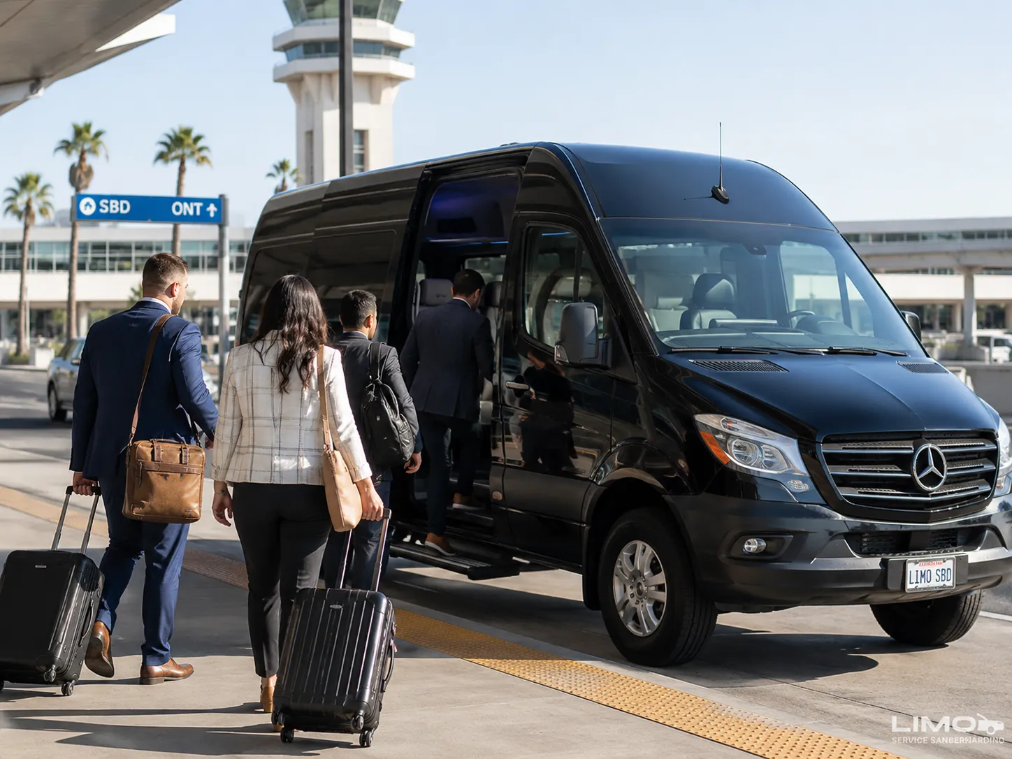 Mercedes Sprinter group transfer after arriving at San Bernardino International Airport SBD